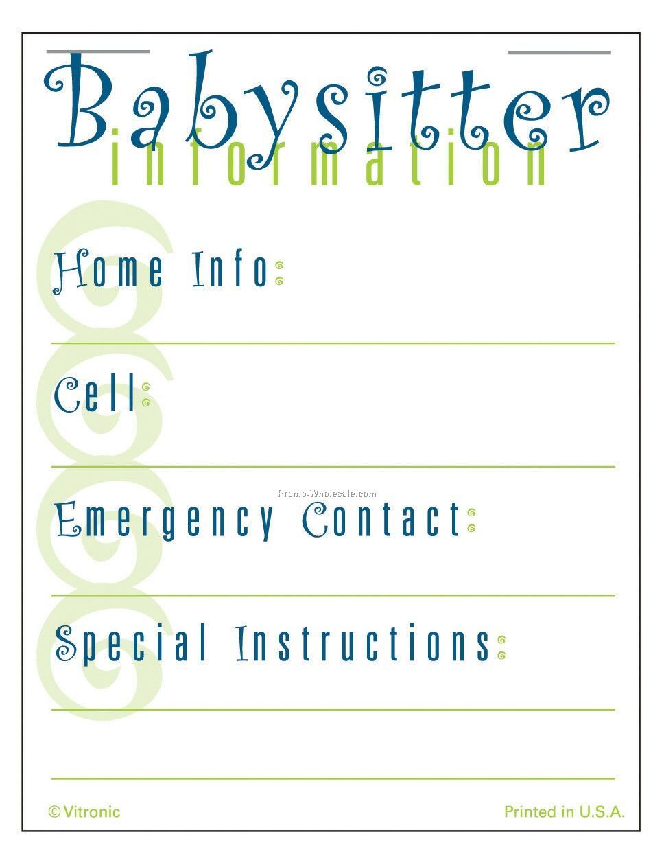 Supersize Babysitter Info List Press-n-stick Calendar Pads (Thru 8/1/09)