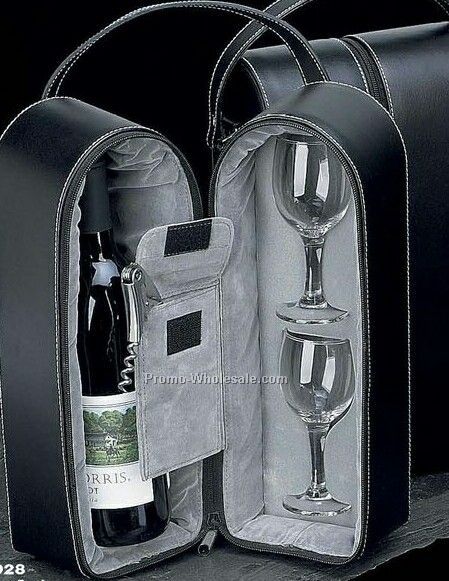 Wine Caddy With 2 Glasses, Stopper/Opener & Black Leather Case