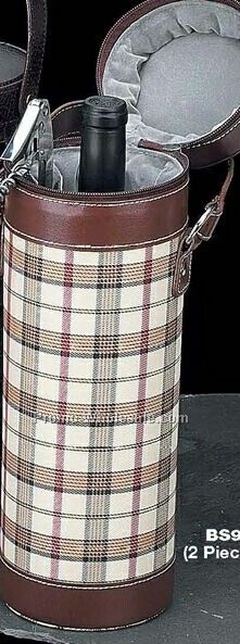 Wine Caddy With Bar Tool In Brown Leather & Plaid Case