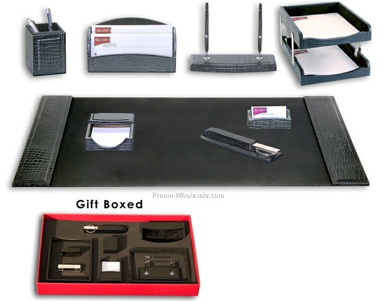 10-piece Crocodile Embossed Leather Desk Set - Black