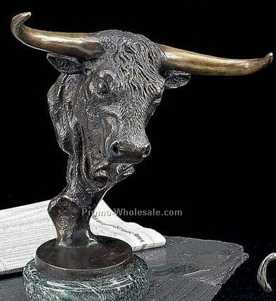 11-3/4"x10"x4-1/2" Bronze Bull Head On Marble Sculpture