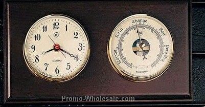 11"x6"x2" Brass Clock & Barometer On Mahogany Wood Base