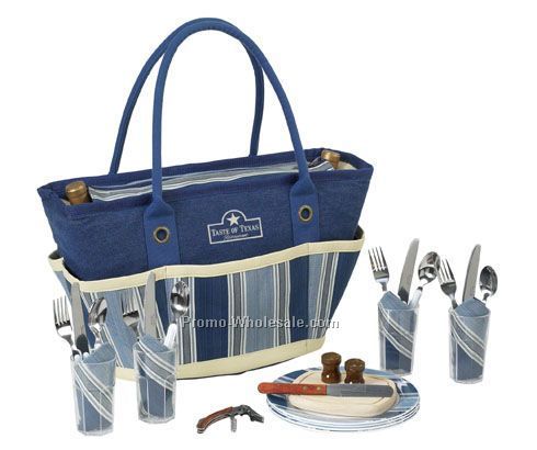 12"x21"x9-1/2" Aegean Blue Denim Picnic Basket Cooler Tote W/ Stripes