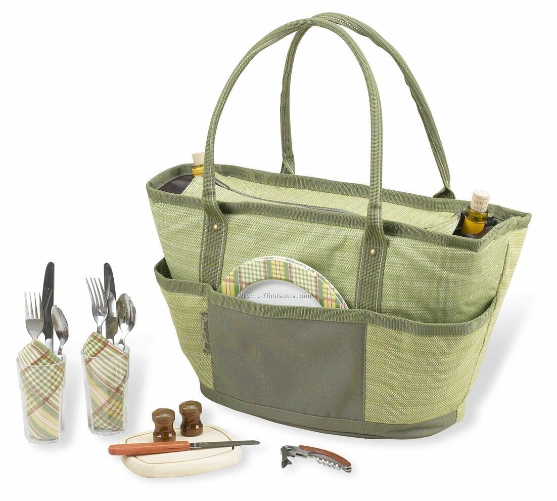 12"x21"x9-1/2" Hamptons Picnic Basket Cooler Tote For Two