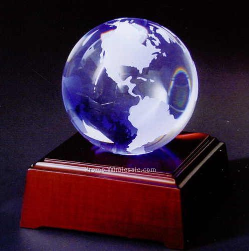 3-1/8 Crystal Globe Award On LED Lighting Mahogany Wood Base