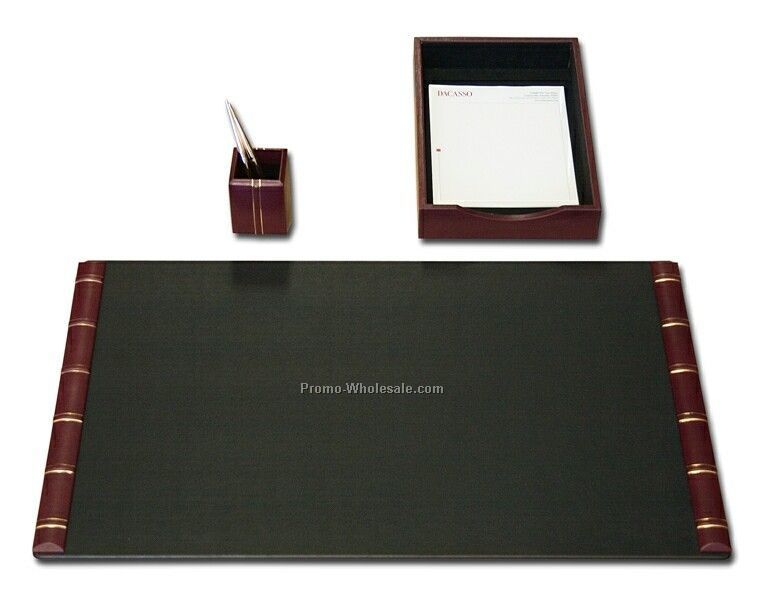 3-piece Gold-striped Leather Desk Set - Burgundy