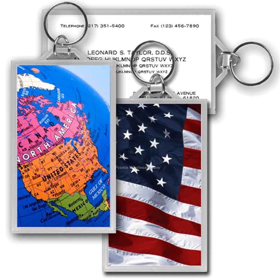 3d Lenticular Acrylic Business Card Key Chain- Stock - American Flag/ Globe