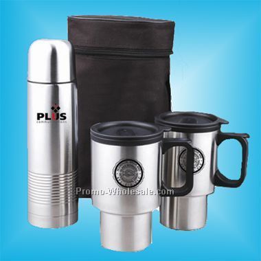 4 Pcs Engraved Travel Mug Set: 2 Mugs, 1 Thermal Bottle & Carrying Case