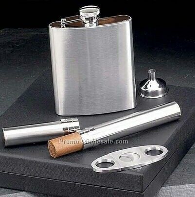4 Piece Stainless 7 Oz. Flask With Cigar Case & Cutter Set