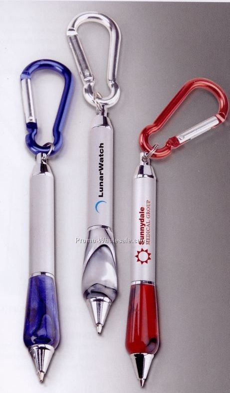 4"x1/2" Satin Twist Action Ballpoint Pen With Marbleized Grip & Carabiner