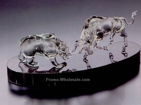 4"x9-1/2" Hand Blown Crystal Bull & Bear Sculpture W/ Marble Base