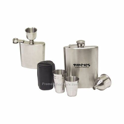 5-1/2"x4-1/2"x3/4" 7-piece Stainless Steel Hip Flask Gift Set - Laser