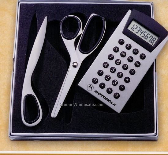 6-3/4"x6-3/4" Gift Set W/ Satin Finish Calculator, Scissors & Letter Opener