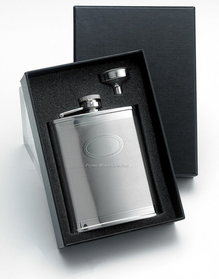 6 Oz Stainless Steel Flask With Front Oval Panel And Silver Funnel In Black