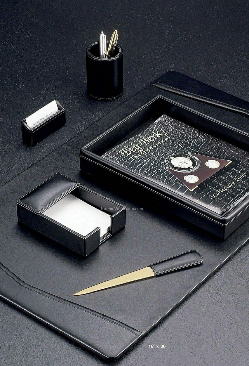 6 Piece Genuine Black Leather Desk Set