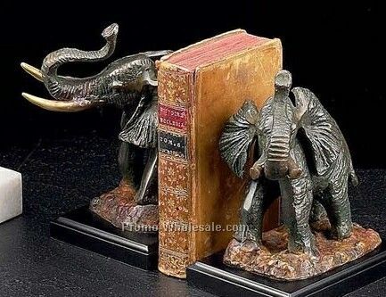 7" Elephant Bronzed Brass On Wood Bookend