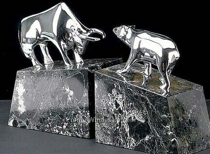 7" Solid Brass Chrome Plated Bull & Bear Bookend On Marble Base
