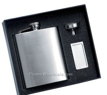 8 Oz. Matte Finish Stainless Steel Flask And Matching Money Clip With Silve