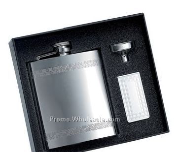 8 Oz Stainless Steel Flask W/Narrow Decorative Stripes And Matching Money C