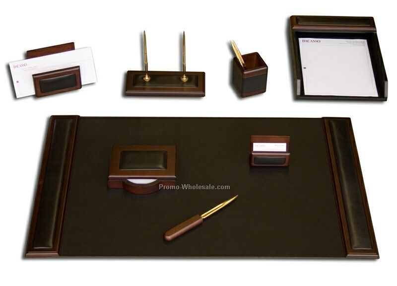8-piece Wood & Leather Desk Set - Walnut Trim