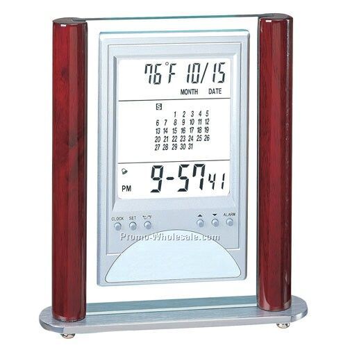 8"x7-1/4"x1-1/2" Digital Desktop Alarm Clock W/ 2 Burgundy Side Bars