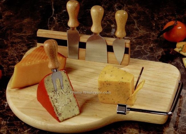 Beechwood Board With 4 Cheese Knives & Wire Slicer Arm