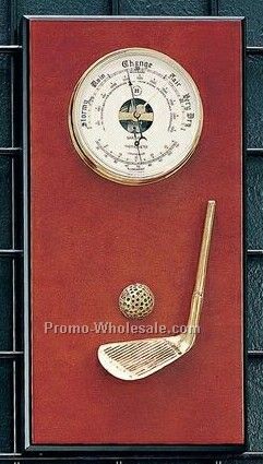 Brass Barometer/Thermometer On Burlwood Base With Golf Ornament