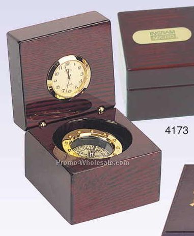 Captain's Piano Finish Box W/ Compass & Clock (Engraved)