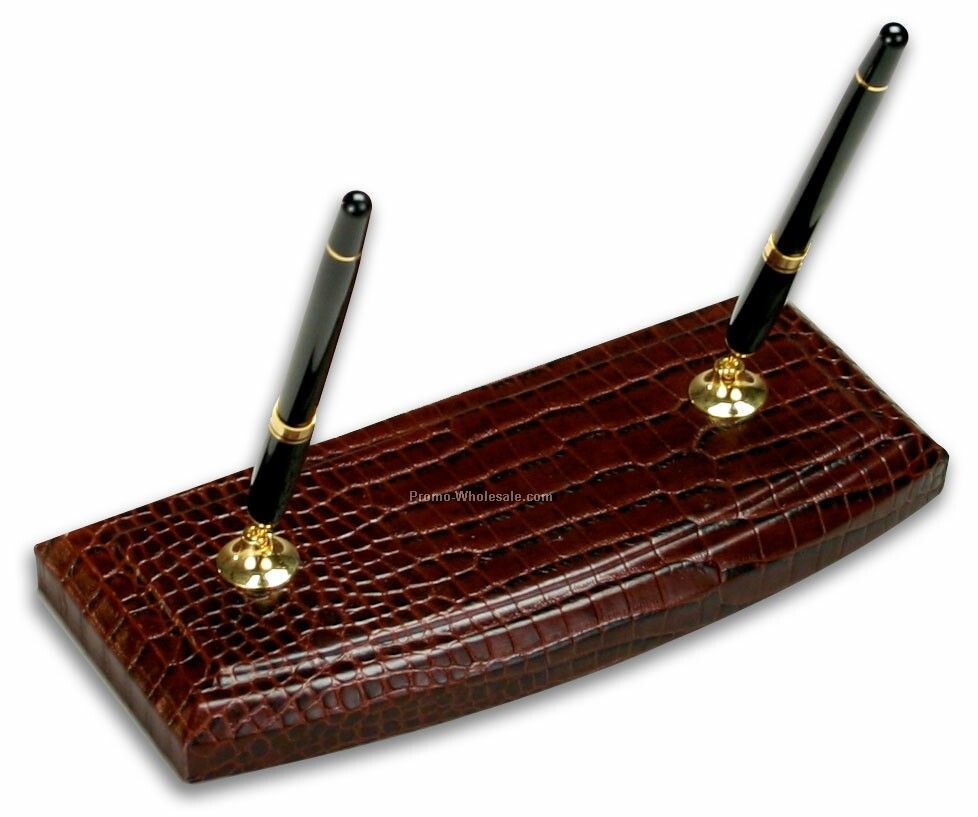 Crocodile Embossed Leather Double Pen Stand - Brown