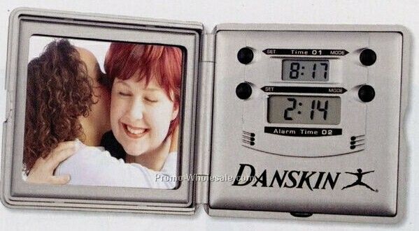 Dual Time Alarm Clock W/ Photo Frame 2 3/4"x2 3/4" (3 Day Rush)