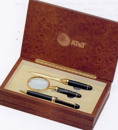 Executive Brass Pen W/ Letter Opener And Magnifier Gift Set In Wood Box