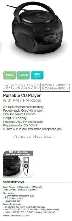 Jwin Portable CD/Radio Boom Box W/Aux-in Jack Dual