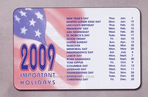 Laminated Stock Business Card (Important Holidays Chart/ Horizontal Year)