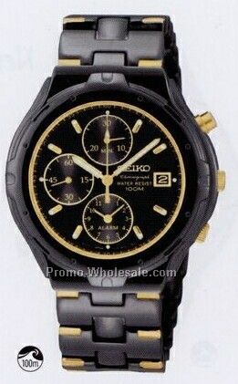 Men's Seiko Alarm Chronograph Watch (Black Band/ Thin Gold Trim Face)