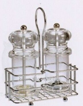 Salt & Pepper Mill Set With Chrome Plated Holder