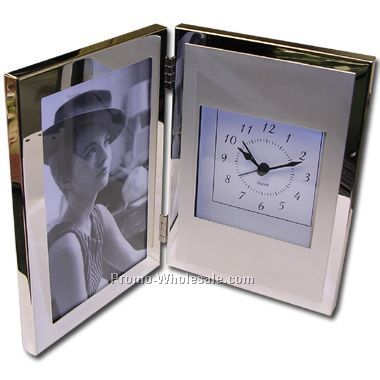 Silver Rectangular Photo Frame W/ Analog Clock (Laser Engraved)