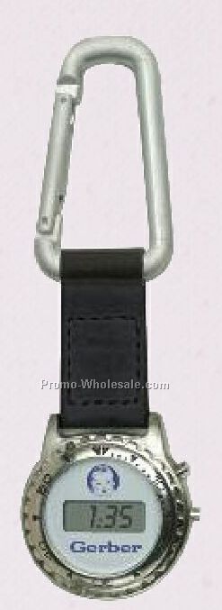 Unisex Silver Carabiner Clip With Digital Pocket Watch