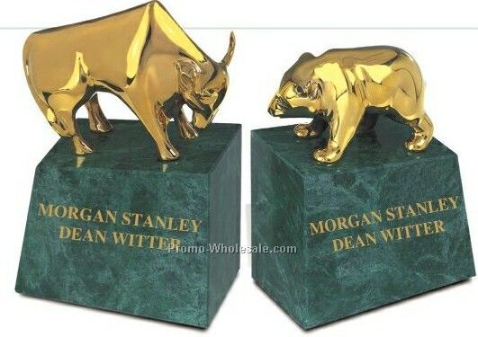Wall Street I Bull & Bear Brass Bookends W/ Marble Base