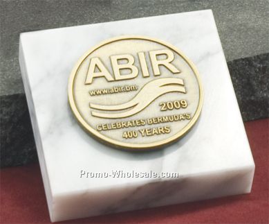 White Square Marble Paperweight W/ Medallion (3"x3")