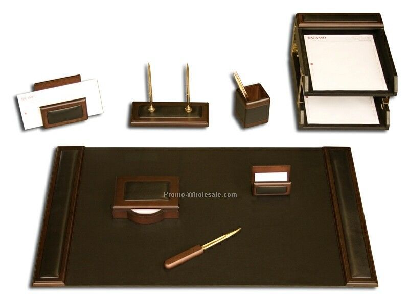 10-piece Wood & Leather Desk Set - Walnut Trim