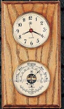 11"x6"x2" Brass Clock/Barometer/Thermometer On Mahogany Wood