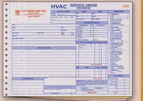 11"x8-1/2" 3 Part Hvac Horizontal Service Order/ Invoice