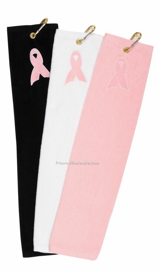 16"x25" Pink Ribbon Stock Embroidered Golf Towel & 4"x2-1/2" Carabiner Clip