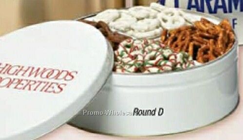 18 Oz. Custom Round Tin - Chocolate/ Yogurt Pretzels Combo