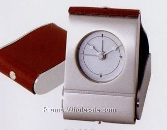 2"x3" Foldable Silver & Leather Travel Alarm Clock