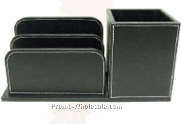 26-1/2cmx10cmx13cm Black 3 Divider Cowhide Desk Organizer W/Pen Box