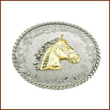 3-3/4"x3" Western Oval Buckle With 1-1/2" Gold Plated Emblem