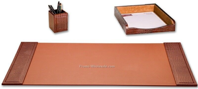 3-piece Embossed Crocodile Leather Desk Set - Brown