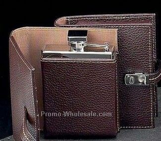 5 Oz. Stainless Steel Flask With Brown Leather Wallet