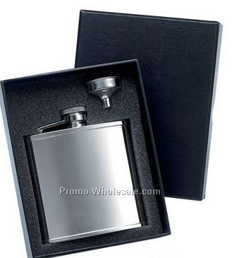 5 Oz Stainless Steel Flask With Plain Front And Silver Funnel In Black Gift